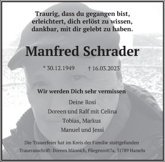 Traueranzeige von Manfred Schrader von Deister- und Weserzeitung