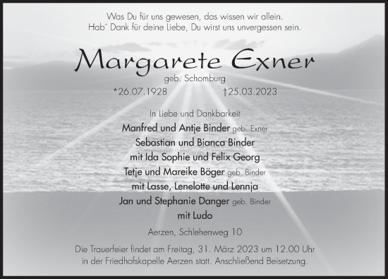 Traueranzeige von Margarete Exner von Deister- und Weserzeitung