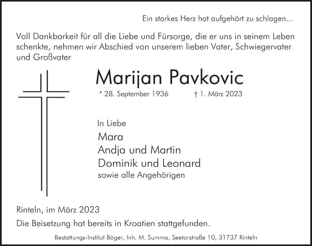 Traueranzeige für Marijan Pavkovic vom 20.03.2023 aus Deister- und Weserzeitung