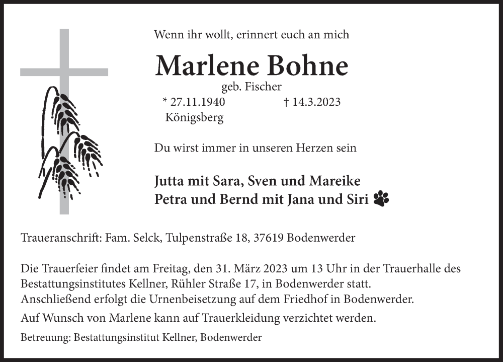  Traueranzeige für Marlene Bohne vom 25.03.2023 aus Deister- und Weserzeitung