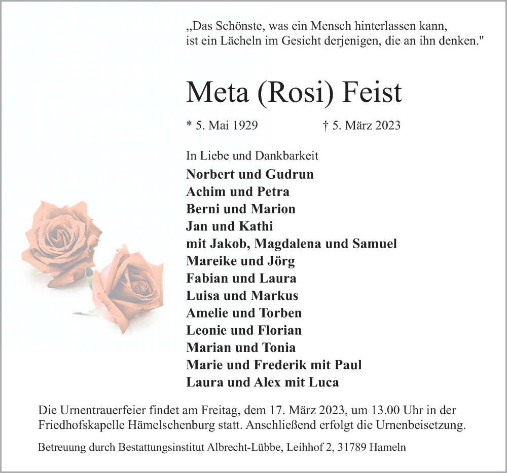  Traueranzeige für Meta  Feist vom 11.03.2023 aus Deister- und Weserzeitung