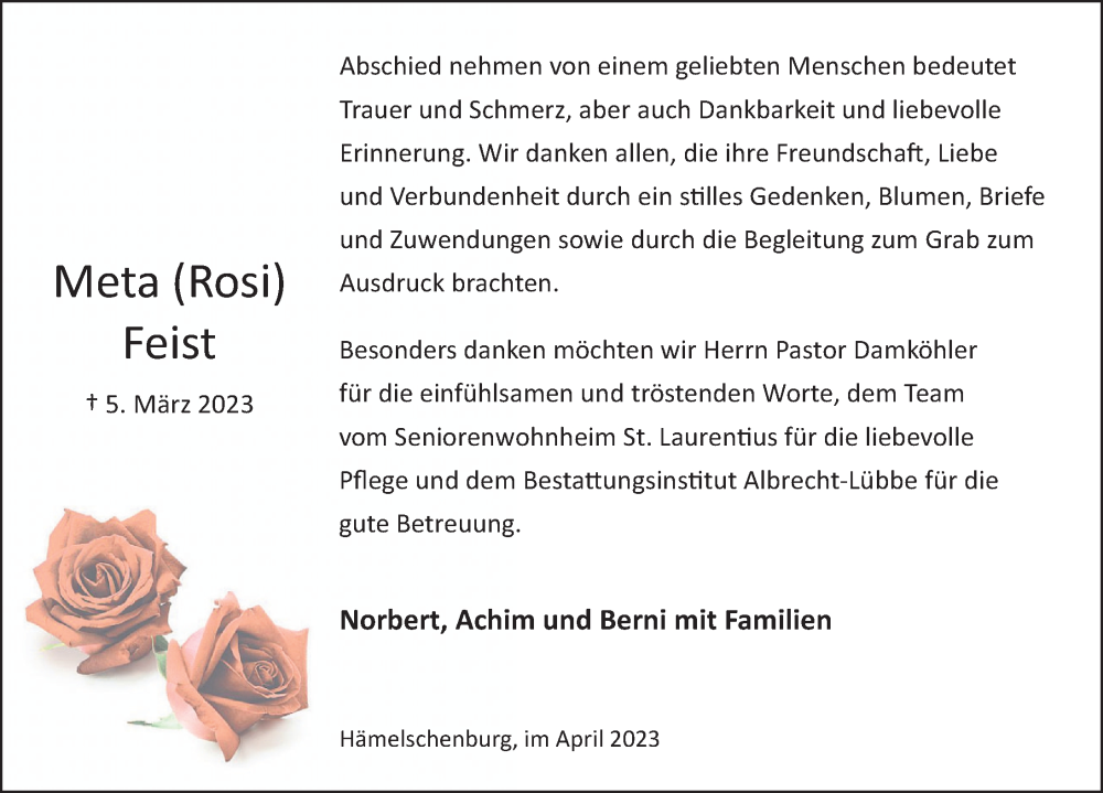  Traueranzeige für Meta  Feist vom 01.04.2023 aus Deister- und Weserzeitung
