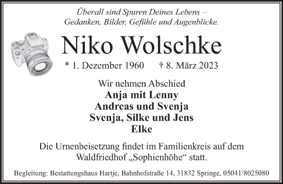 Traueranzeige von Niko Wolschke von Neue Deister-Zeitung