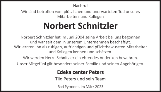 Traueranzeige von Norbert Schnitzler von Deister- und Weserzeitung