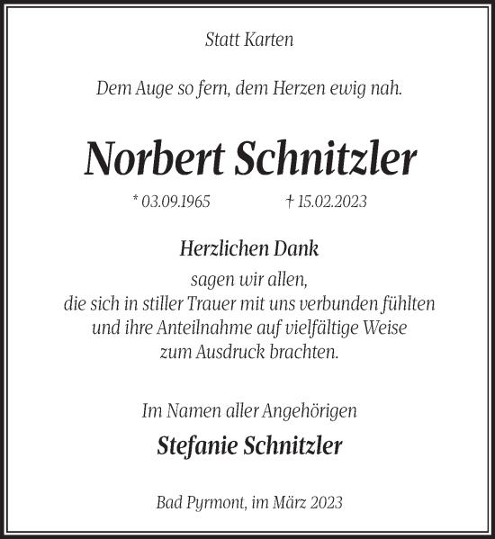 Traueranzeige von Norbert Schnitzler von Deister- und Weserzeitung