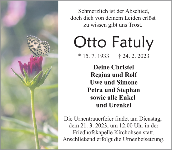 Traueranzeige von Otto Fatuly von Deister- und Weserzeitung