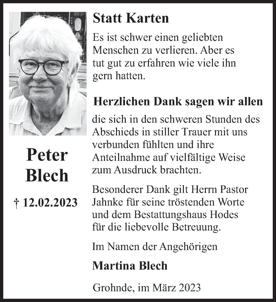  Traueranzeige für Peter Blech vom 11.03.2023 aus Deister- und Weserzeitung