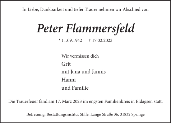 Traueranzeige von Peter Flammersfeld von Neue Deister-Zeitung