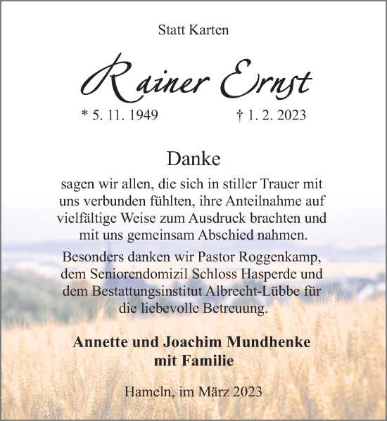 Traueranzeige von Rainer Ernst von Deister- und Weserzeitung