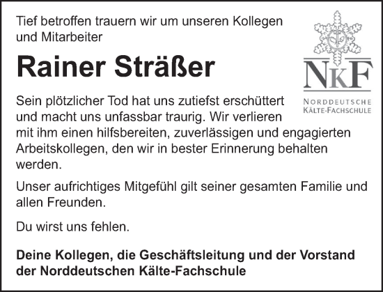 Traueranzeige von Rainer Sträßer von Neue Deister-Zeitung