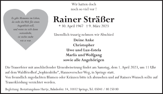 Traueranzeige von Rainer Sträßer von Neue Deister-Zeitung