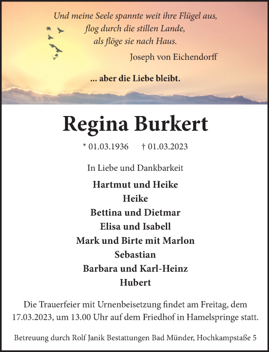 Traueranzeige von Regina Burkert von Neue Deister-Zeitung