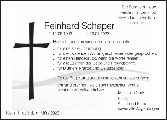 Traueranzeige von Reinhard Schaper von Deister- und Weserzeitung