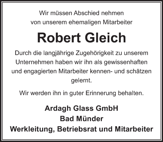Traueranzeige von Robert Gleich von Neue Deister-Zeitung