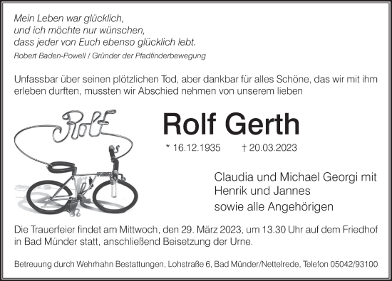 Traueranzeige von Rolf Gerth von Neue Deister-Zeitung