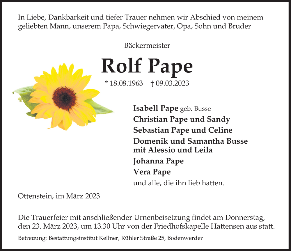  Traueranzeige für Rolf Pape vom 18.03.2023 aus Deister- und Weserzeitung