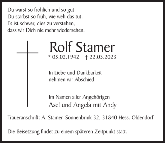 Traueranzeige von Rolf Stamer von Deister- und Weserzeitung