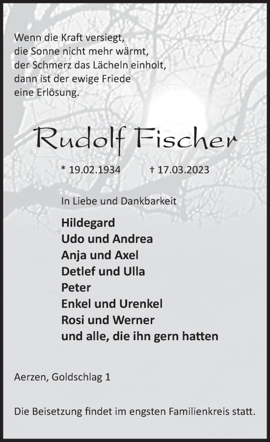 Traueranzeige von Rudolf Fischer von Deister- und Weserzeitung