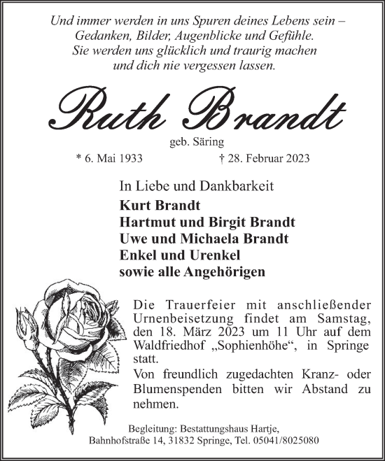 Traueranzeige von Ruth Brandt von Neue Deister-Zeitung