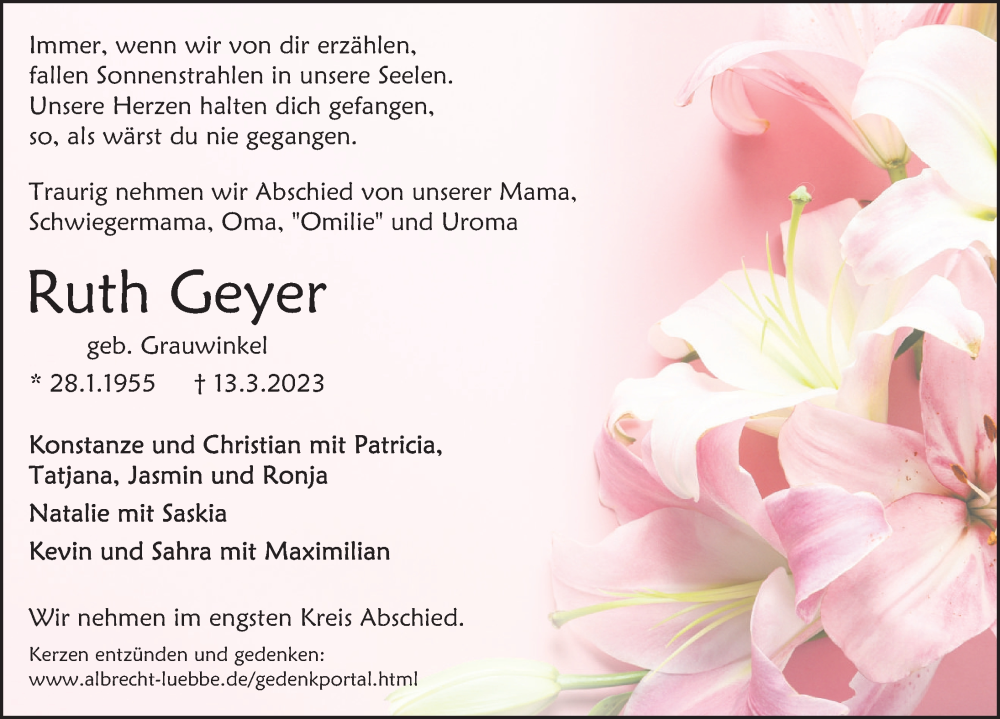  Traueranzeige für Ruth Geyer vom 25.03.2023 aus Deister- und Weserzeitung