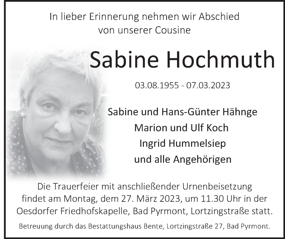  Traueranzeige für Sabine Hochmuth vom 24.03.2023 aus Deister- und Weserzeitung