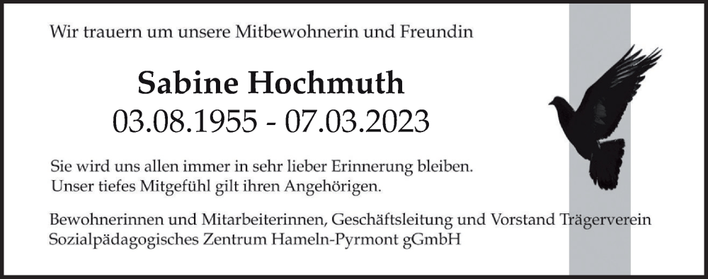  Traueranzeige für Sabine Hochmuth vom 11.03.2023 aus Deister- und Weserzeitung