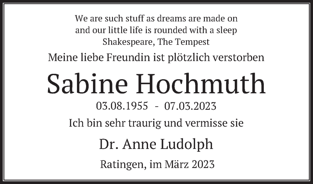  Traueranzeige für Sabine Hochmuth vom 14.03.2023 aus Deister- und Weserzeitung