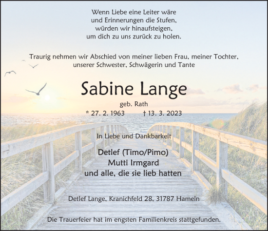 Traueranzeige von Sabine Lange von Deister- und Weserzeitung