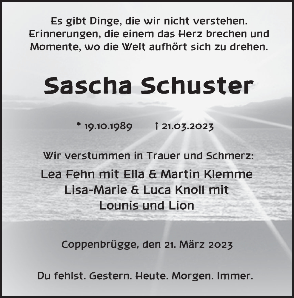  Traueranzeige für Sascha Schuster vom 27.03.2023 aus Deister- und Weserzeitung