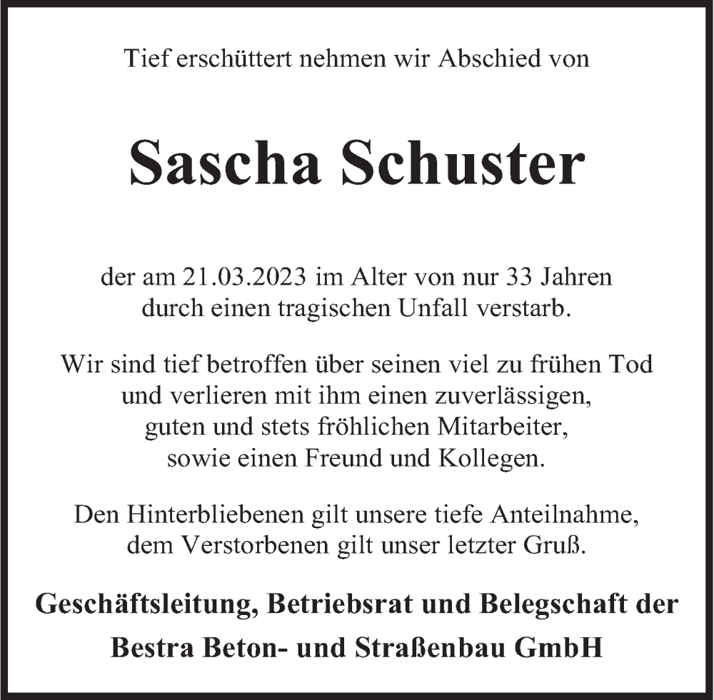 Traueranzeige für Sascha Schuster vom 01.04.2023 aus Deister- und Weserzeitung