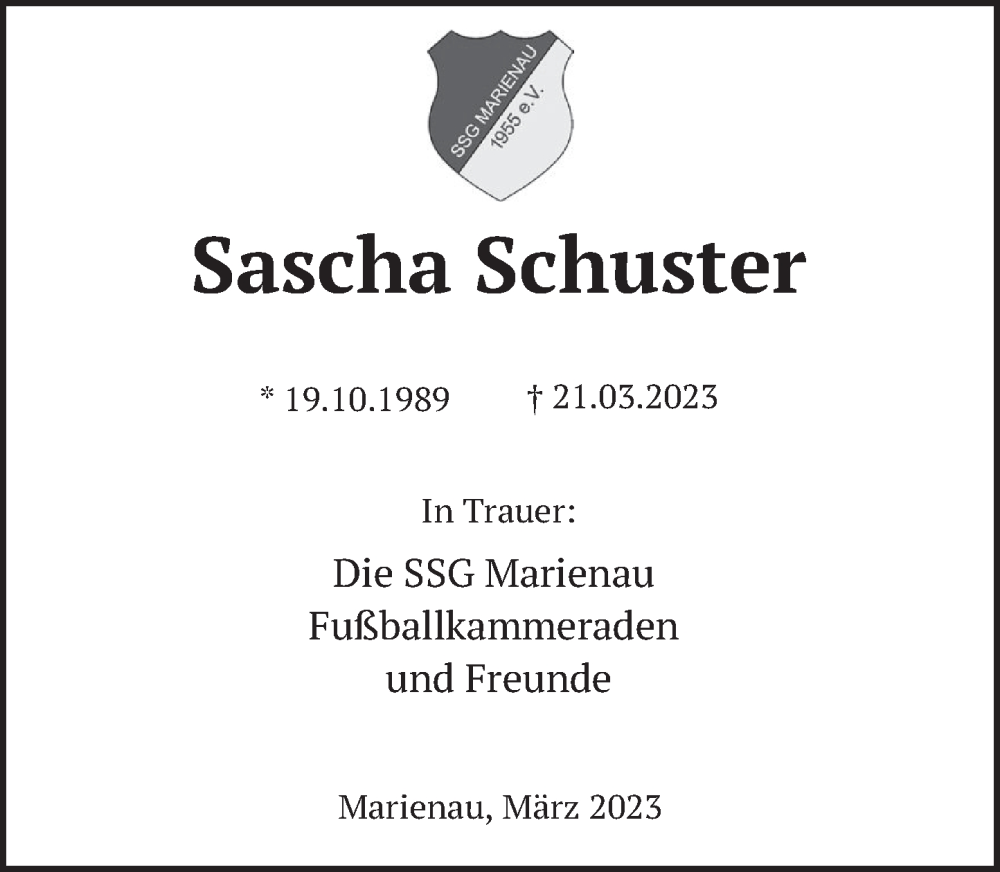  Traueranzeige für Sascha Schuster vom 01.04.2023 aus Deister- und Weserzeitung
