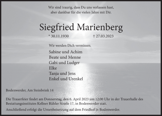 Traueranzeige von Siegfried Marienberg von Deister- und Weserzeitung