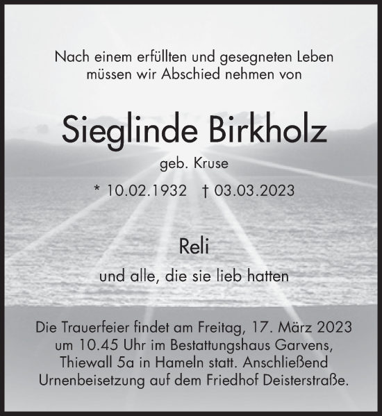 Traueranzeige von Sieglinde Birkholz von Deister- und Weserzeitung