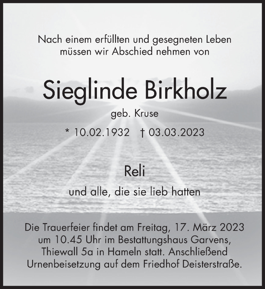  Traueranzeige für Sieglinde Birkholz vom 14.03.2023 aus Deister- und Weserzeitung