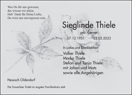 Traueranzeige von Sieglinde Thiele von Deister- und Weserzeitung