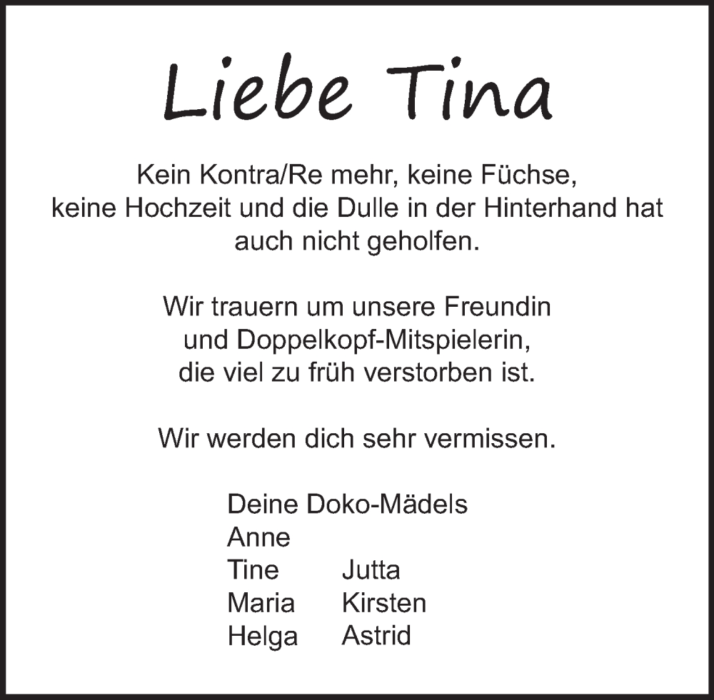  Traueranzeige für Tina  vom 18.03.2023 aus Neue Deister-Zeitung