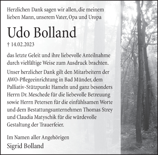 Traueranzeige von Udo Bolland von Neue Deister-Zeitung