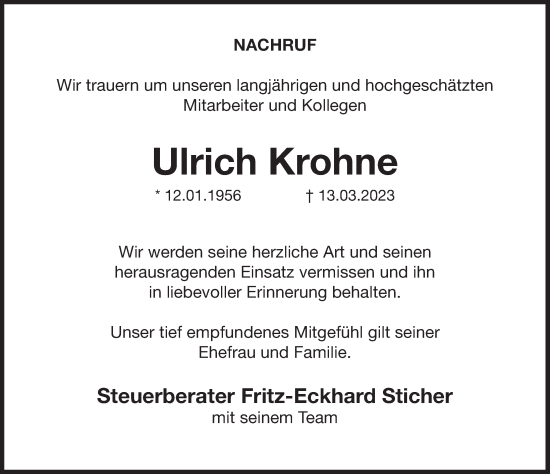 Traueranzeige von Ulrich Krohne von Deister- und Weserzeitung