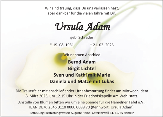 Traueranzeige von Ursula Adam von Deister- und Weserzeitung