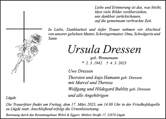 Traueranzeige von Ursula Dressen von Deister- und Weserzeitung