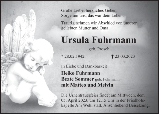 Traueranzeige von Ursula Fuhrmann von Deister- und Weserzeitung