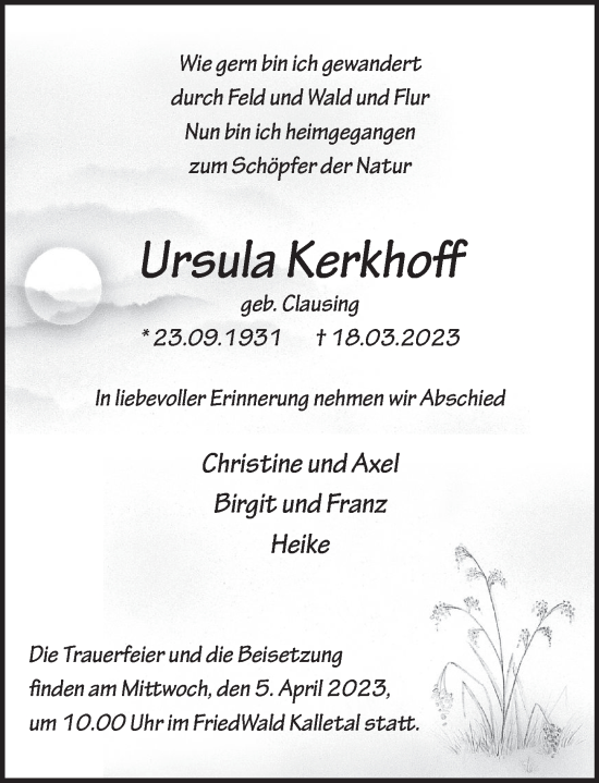Traueranzeige von Ursula Kerkhoff von Deister- und Weserzeitung