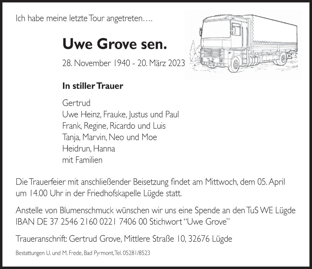  Traueranzeige für Uwe Grove vom 01.04.2023 aus Deister- und Weserzeitung
