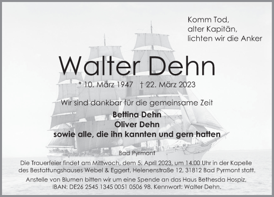 Traueranzeige von Walter Dehn von Deister- und Weserzeitung