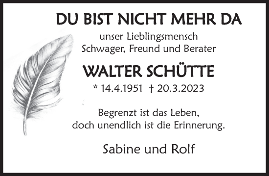 Traueranzeige von Walter Schütte von Deister- und Weserzeitung