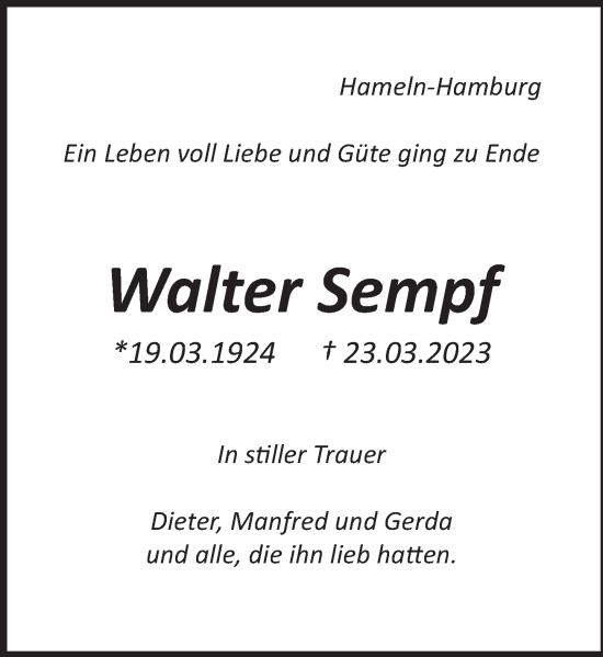 Traueranzeige von Walter Sempf von Deister- und Weserzeitung