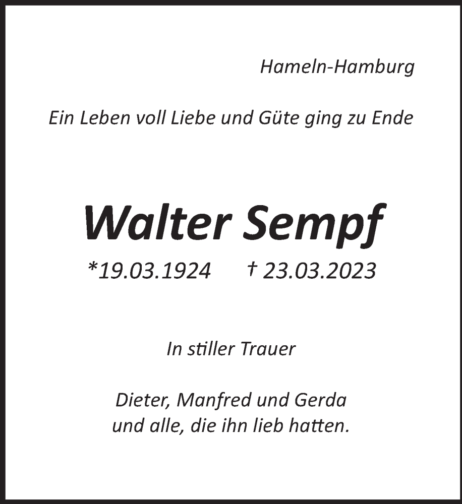 Traueranzeige für Walter Sempf vom 01.04.2023 aus Deister- und Weserzeitung