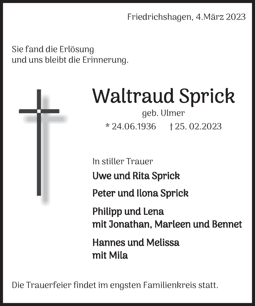  Traueranzeige für Waltraud Sprich vom 04.03.2023 aus Deister- und Weserzeitung