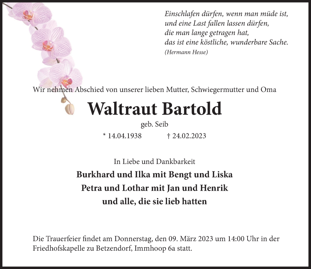  Traueranzeige für Waltraut Bartold vom 04.03.2023 aus Deister- und Weserzeitung