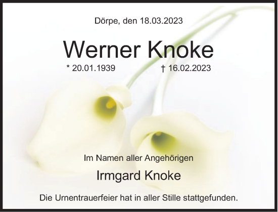 Traueranzeige von Werner Knoke von Deister- und Weserzeitung
